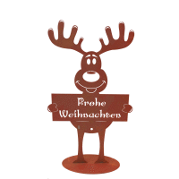 Rostfigur Elch H: 69cm mit Schild Frohe Weihnachten -...