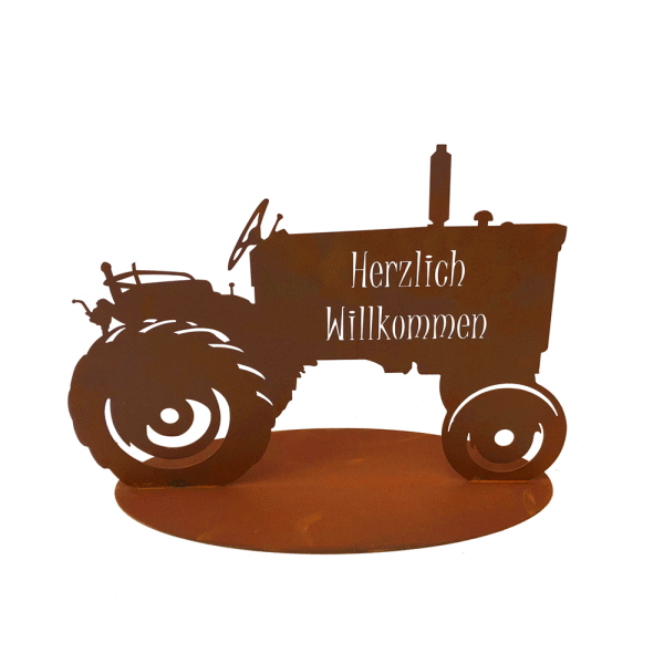 Rostfigur Traktor Willkommen H: 31cm - Rost Design, Dekofigur für den Garten, Gartendeko, Metalldeko