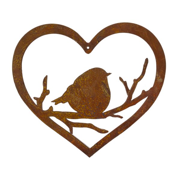 Herz mit Vogel 18x16 cm zum Hängen im Rost Design - Rostfigur, Gartendeko Vögel