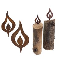 Rostfigur Kerzenflamme mit Spieß im 2er Set, H: 10 cm +15 cm - Rostdeko, Rost Flamme, Deko Brennholz, Advent
