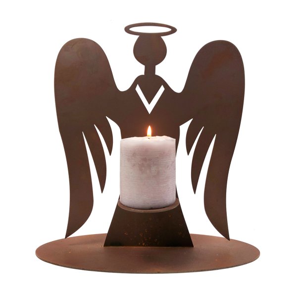 Dekofigur Engel mit Kerzenhalter H: 32 cm im Rost Design - Rostfigur, Gartendeko im Advent, Weihnachtsdeko