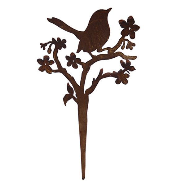 Gartenstecker Vogel auf Ast mit Blüten H: 35cm im Rost Design - Rostfigur für den Garten, Gartendeko, Metalldeko