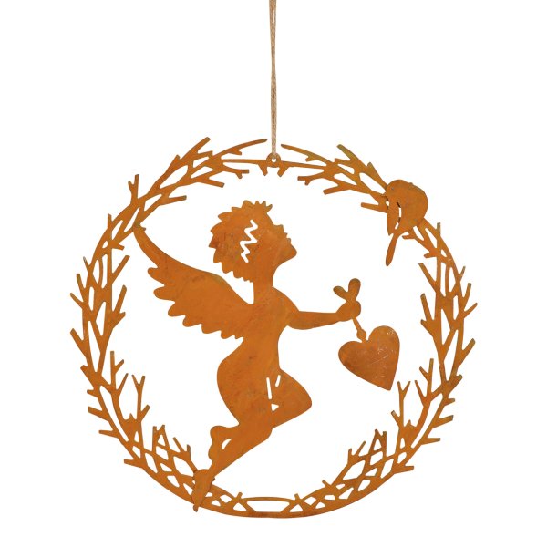 Dekofigur Engel mit Herz im Kranz zum Hängen D:21 cm im Rost Design - Dekofigur für den Garten, Gartendeko Weihnachten