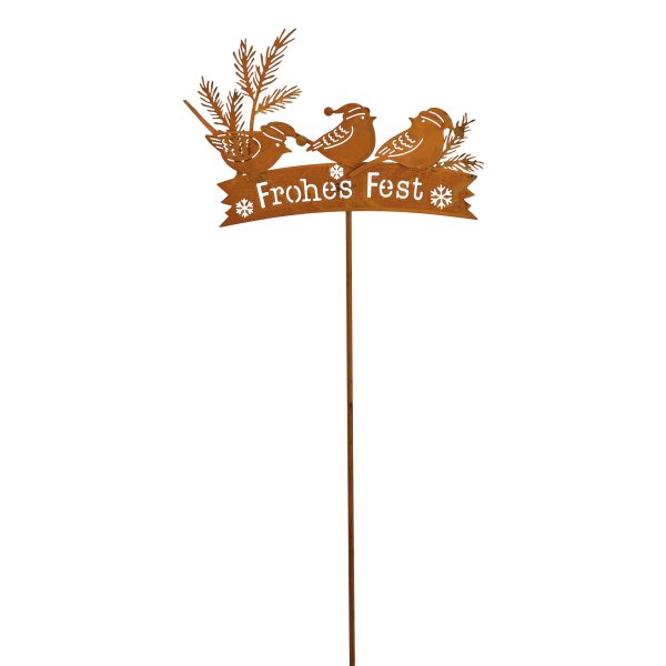 Gartenstecker Vogel im Winter mit Schriftzug "Frohes Fest" 71 cm im Rost Design - Rostfigur für den Garten, Dekofigur Weihnachten