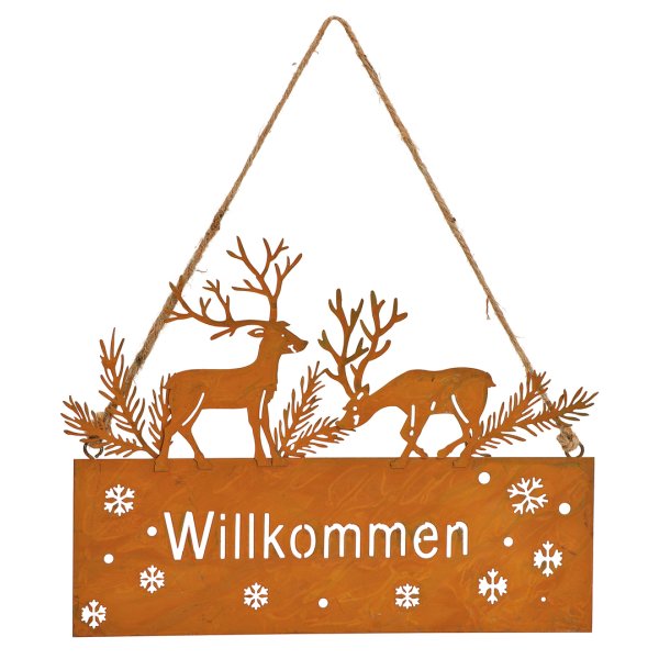 Rost Schild Willkommen mit Hirsch 22x17 cm  - Willkommensschild im Rost Design, Rostdeko Winter, Türdeko Weihnachten