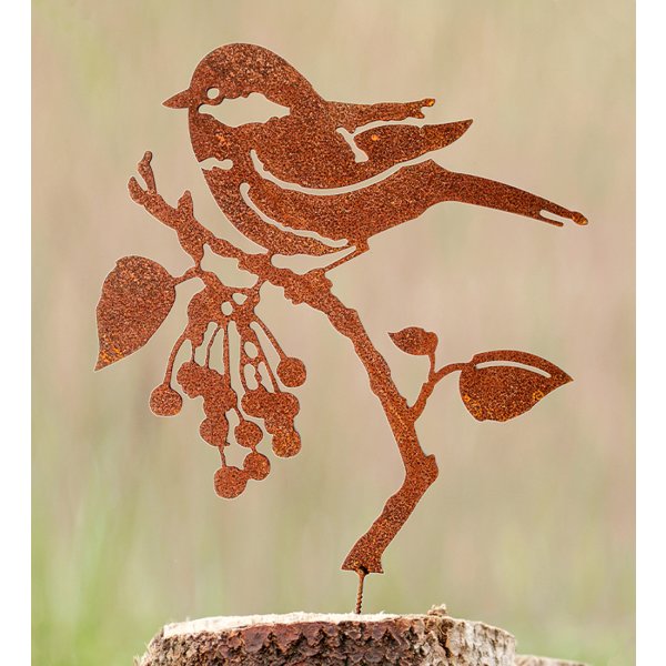 Dekofigur Vogel Meise auf Zweig zum Schrauben (28x30 cm) im Rost Design - Rostfigur für den Garten, Gartendeko, Metalldeko, Baumdeko