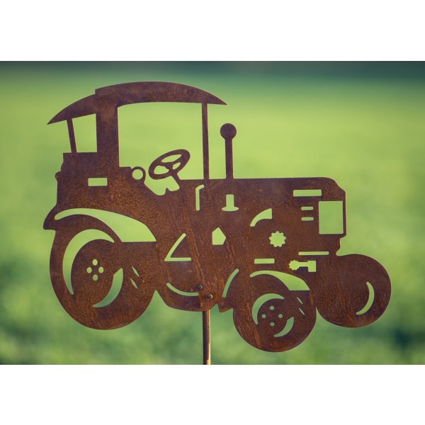 Rostfigur Gartenstecker Traktor Trecker 80 cm - Dekofigur im Rost Design, Gartendeko Rost, Metalldeko Bauernhof
