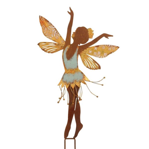 Gartenstecker Tanzende Elfe in gold und hellblau H: 54,5 cm im Rost Design - Rostfigur Fee für den Garten, Gartendeko, Metalldeko