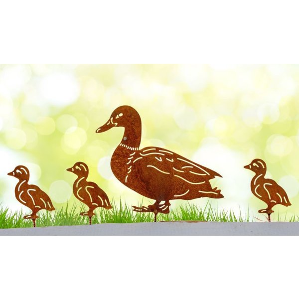 Blumenstecker Ente mit 3 Küken zum Schrauben im Rost Design - Rostfigur Bauernhof, Dekofigur für den Garten, Gartendeko