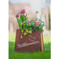 Rostfigur Tasche Willkommen zum Bepflanzen 32x27 cm - Dekofigur mit Schmetterling im Rost Design, Gartendeko, Pflanzkübel, Blumentopf, Metalldeko