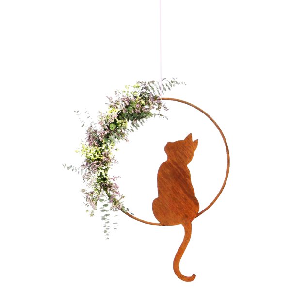 Hängedeko Katze mit Blick nach oben im Ring D:40 cm im Rost Design - Rostfigur für den Garten, Hänger, Gartendeko