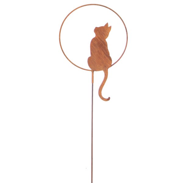 Gartenstecker Rostfigur Katze mit Blick nach oben H:140 cm im Ring - Dekofigur für den Garten im Rost Design, Gartendeko für  Katzenliebhaber