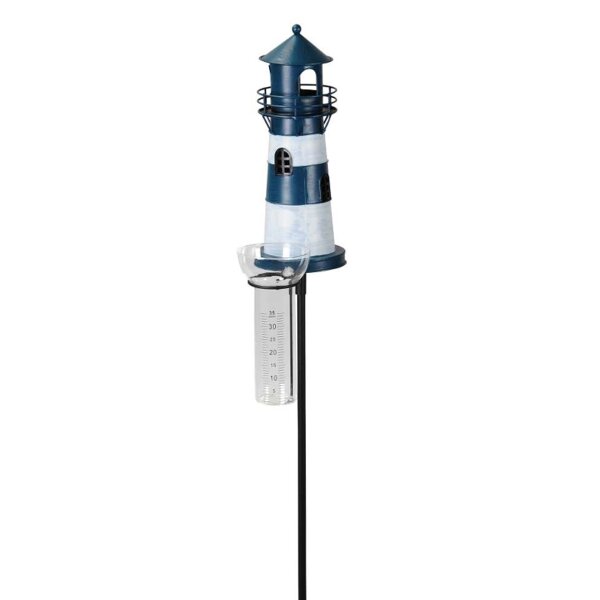 Gartenstecker Leuchtturm mit Regenmesser H:136 cm aus Eisen - Niederschlagsmesser Segelboot, maritime Gartendeko Meer, Metalldeko maritim