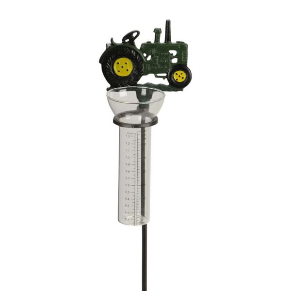 Gartenstecker Traktor mit Regenmesser H:130 cm aus Gusseisen - Niederschlagsmesser Bauernhof Garten, Trecker, Gartendeko, Metalldeko
