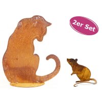 Rostfigur Katze mit Maus - Rost Design, Dekofigur für den Garten, Gartendeko, Metalldeko