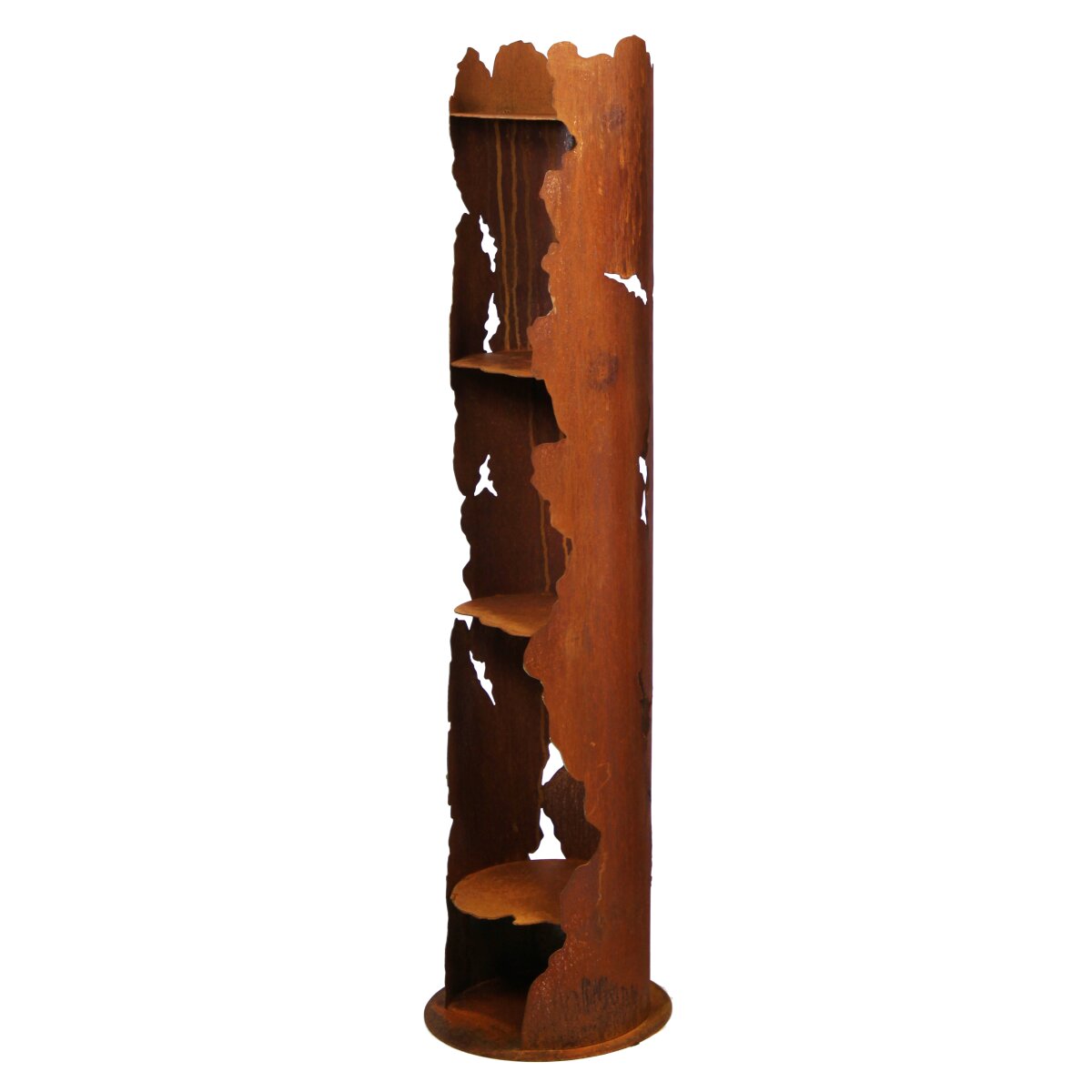 Rostfigur Risssäule H 117cm mit 4 Böden und Standplatte Rost Desig