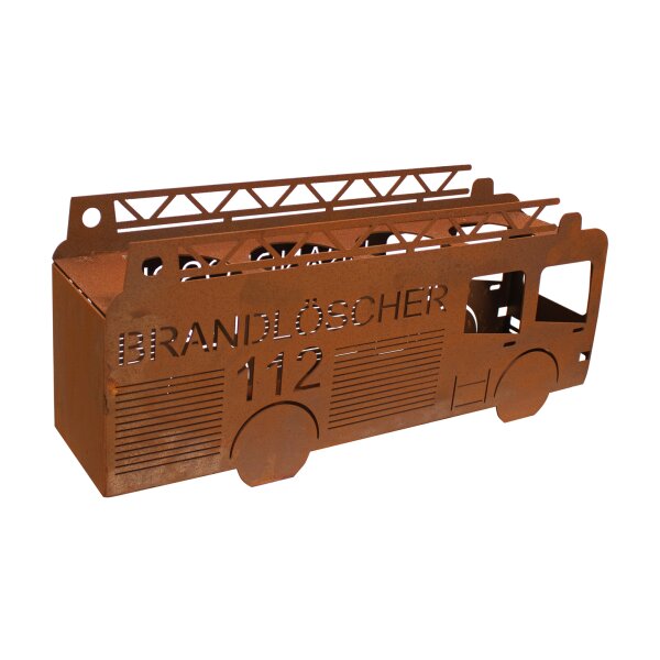 Rostfigur Feuerwehrauto Brandlöscher als Getränkehalter für 4 Bierflaschen 43x18 cm - Feuerwehr Auto für Bier Trinker im Rost Design, Gartendeko, Geschenkidee Feuerwehrmann