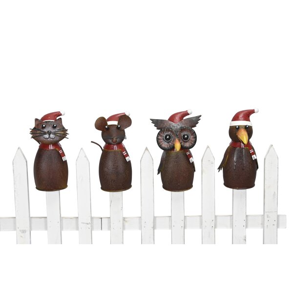 Zaunhocker Wintertiere mit Weihnachtsmütze (4er Set) - Katze, Maus, Eule, Rabe - H:16 cm im Rost Design - Zaun Deko Garten, Tierfigur Pfostenhocker, Zaunfigur, Gartendeko, Zaunstecker