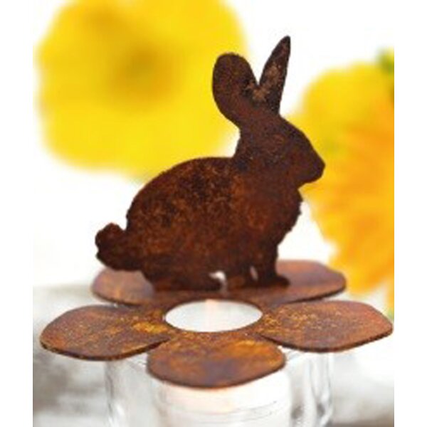 Dekofigur Hase auf Blümchen sitzend im Rost Design H:11 cm - Gartendeko Ostern, Osterhase mit Blumen für Vasen, Teelichter, Frühlingsdeko, Rostfigur, Osterdeko, Gartendeko
