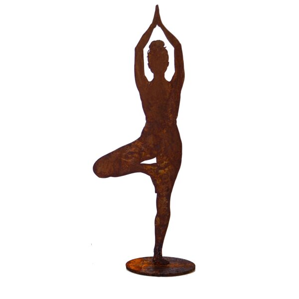 Rost Yogafigur Mädchen Eva in Baum Pose auf Platte 29x10 cm - Lebensenergie und Wohlbefinden als Gartendeko im Rost Design, Rostfigur Wellness