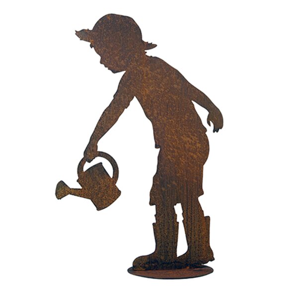 Rostfigur Gärtner Till mit Gießkanne auf Platte 18x11 cm - Gartendeko im Rost Design, Dekofigur Garten für Hobbygärtner
