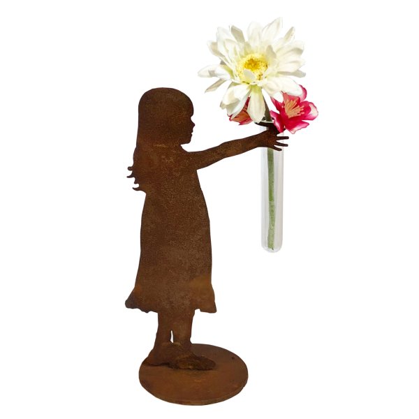 Rostfigur Blumenkind mit Vase H: 20cm auf Platte - Rost Design, Blumenfee mit Vase, Dekofigur für den Garten