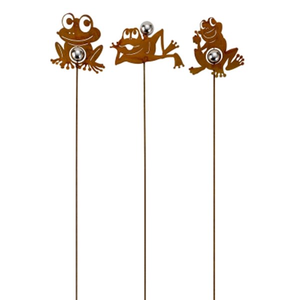 Gartenstecker 3er Set Frosch mit Kugel im Rost Design - Rostfigur Froschkönig mit Edelstahl Kugel  für den Garten, Gartendeko